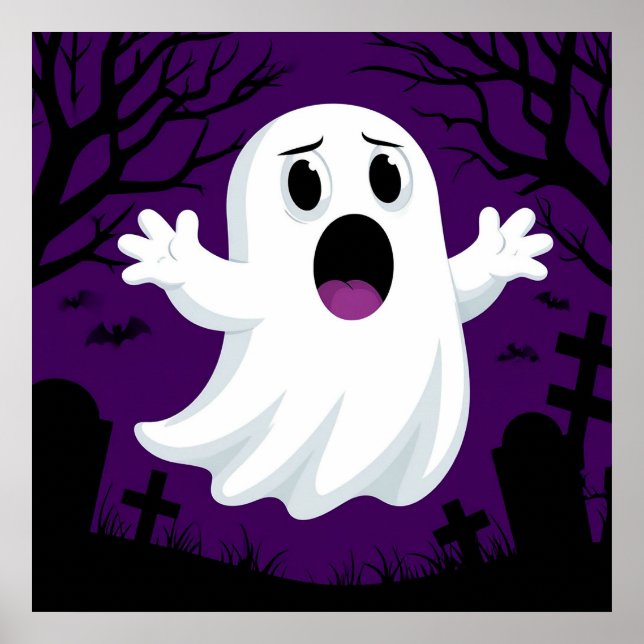 Adorable Cartoon Ghost in Spooky Halloween Poster (Vorne)