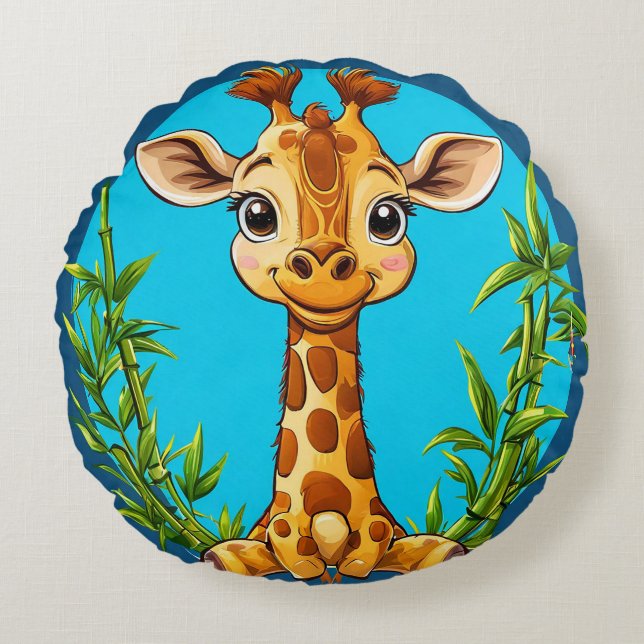 Adorable Cartoon Giraffe mit Bambus Rundes Kissen (Vorderseite)