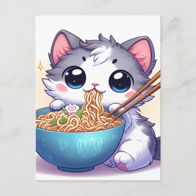 Adorable Cartoon Kitten Eating Ramen Noodles Postkarte (Vorderseite)