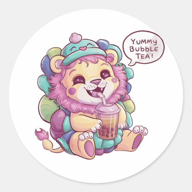 Adorable Cartoon Lion: Gemütlich, Kawaii Vibes Runder Aufkleber (Vorderseite)