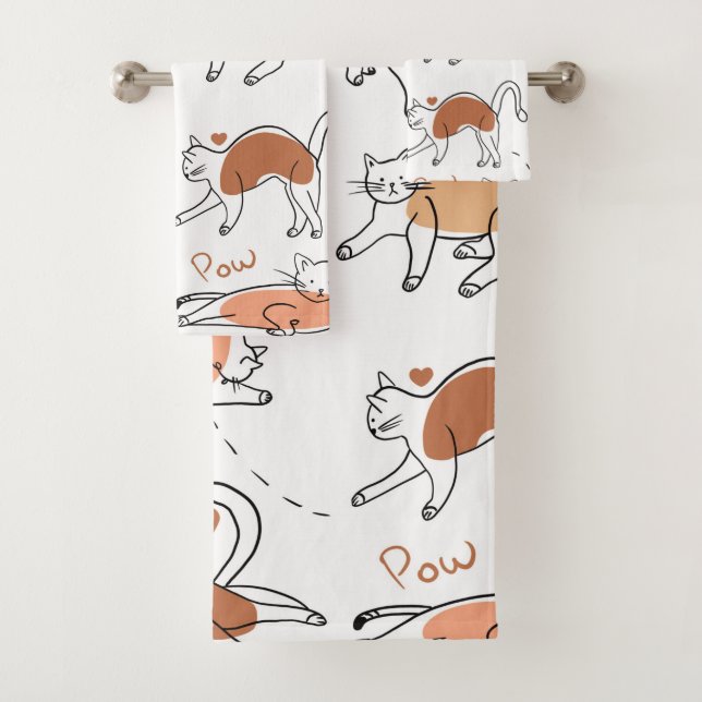 Adorable Cartoon Pastellmuster Katzen Weißbraun Badhandtuch Set (Insitu)