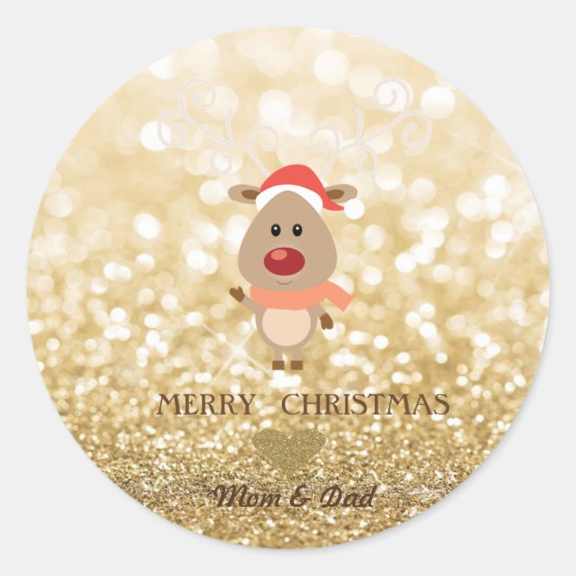 Adorable Cartoon Rentier, Weihnachtsmannmütze, Gli Runder Aufkleber (Vorderseite)