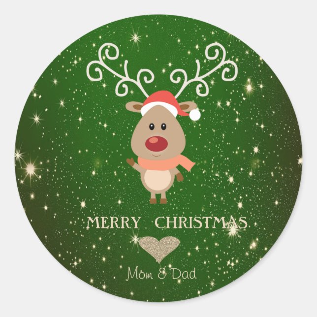 Adorable Cartoon Rentier, Weihnachtsmannmütze Runder Aufkleber (Vorderseite)
