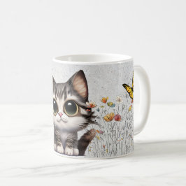 Adorable Cartoon Tabby Katze, Blume & Schmetterlin Kaffeetasse