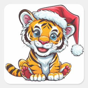 Adorable Cartoon Tiger Cub Tragen einer Weihnachts Quadratischer Aufkleber