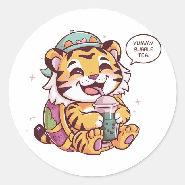 Adorable Cartoon Tiger: Gemütlich, Kawaii Vibes Runder Aufkleber (Vorderseite)