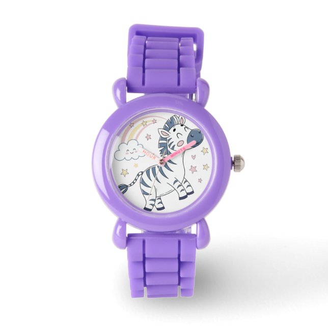 Adorable Cartoon Zebra mit Regenbogen und Sternen  Armbanduhr (Vorderseite)