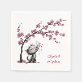 Adorable Cat and Cherry Blossoms Paper Napkin Serviette