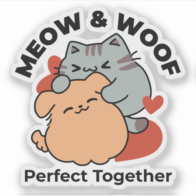 Adorable Cat and Dog Hug - Meow & Woof Design Aufkleber (Vorderseite)