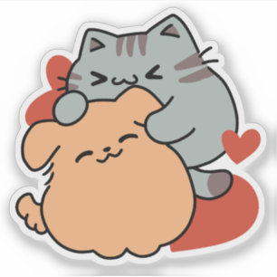 Adorable Cat and Dog Hug - Meow & Woof Design Aufkleber