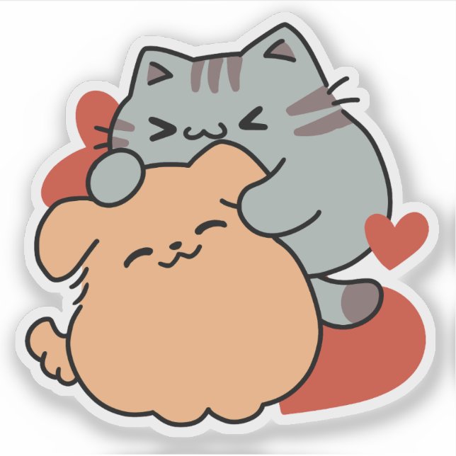 Adorable Cat and Dog Hug - Meow & Woof Design Aufkleber (Vorderseite)