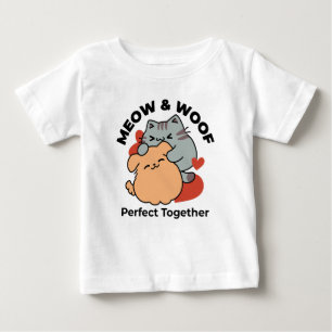 Adorable Cat and Dog Hug - Meow & Woof Design Baby T-shirt