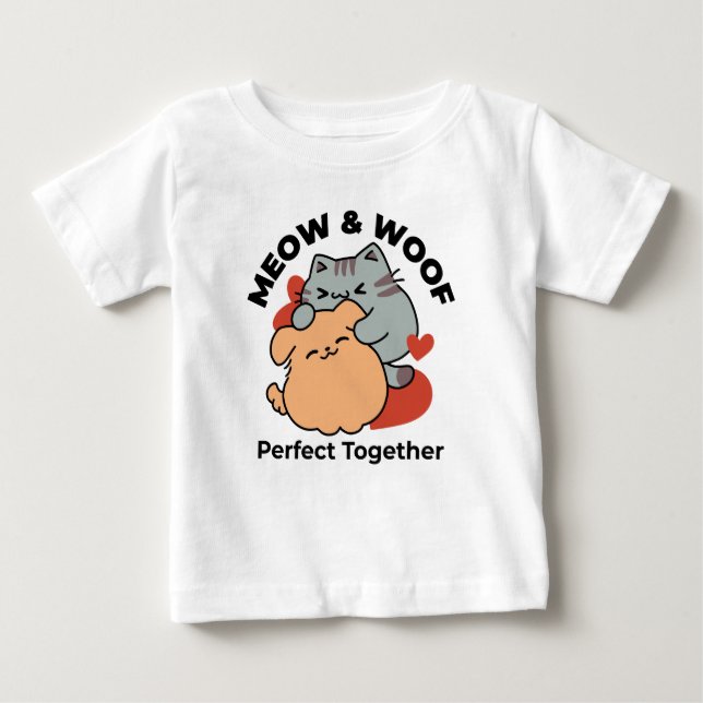 Adorable Cat and Dog Hug - Meow & Woof Design Baby T-shirt (Vorderseite)