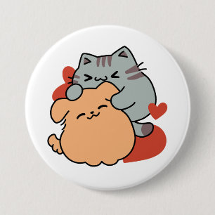 Adorable Cat and Dog Hug - Meow & Woof Design Button