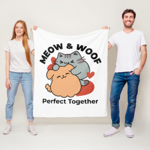 Adorable Cat and Dog Hug - Meow & Woof Design Fleecedecke