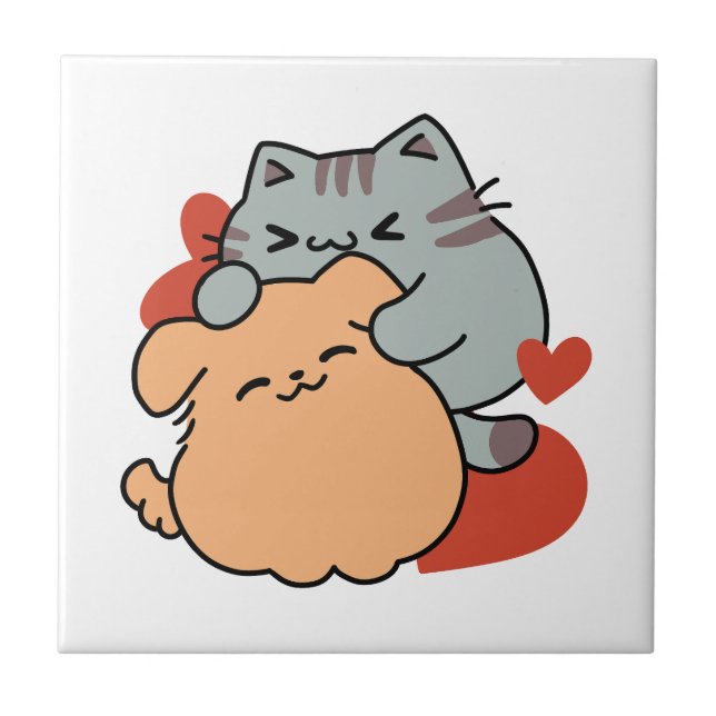 Adorable Cat and Dog Hug - Meow & Woof Design Fliese (Vorderseite)