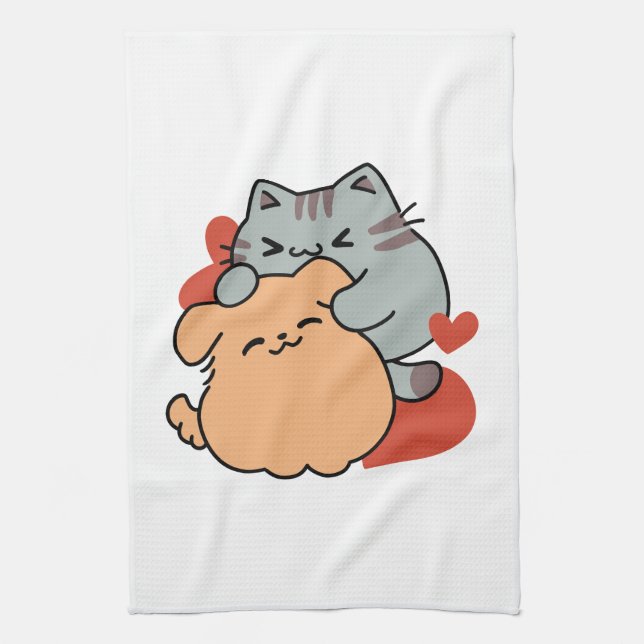Adorable Cat and Dog Hug - Meow & Woof Design Geschirrtuch (Vertikal)