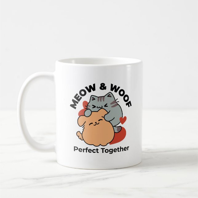 Adorable Cat and Dog Hug - Meow & Woof Design Kaffeetasse (Links)