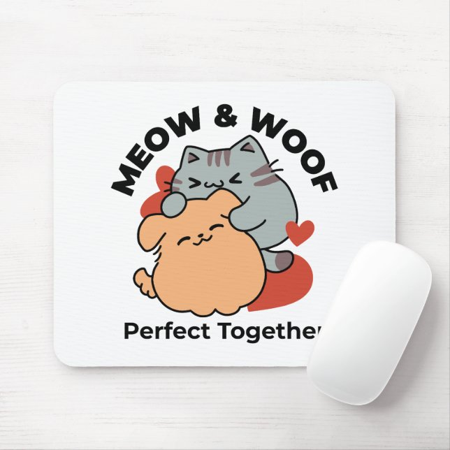 Adorable Cat and Dog Hug - Meow & Woof Design Mousepad (Mit Mouse)