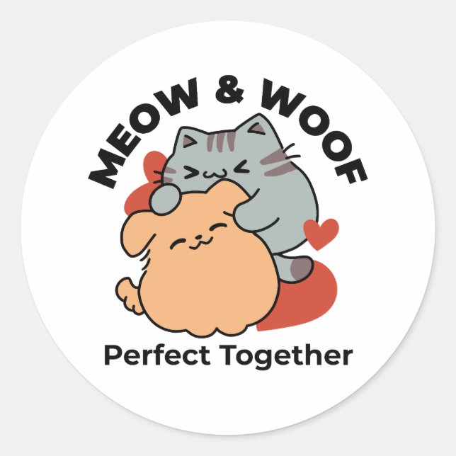 Adorable Cat and Dog Hug - Meow & Woof Design Runder Aufkleber (Vorderseite)