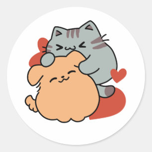 Adorable Cat and Dog Hug - Meow & Woof Design Runder Aufkleber