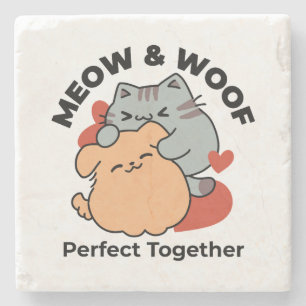 Adorable Cat and Dog Hug - Meow & Woof Design Steinuntersetzer