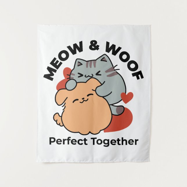 Adorable Cat and Dog Hug - Meow & Woof Design Wandteppich (Vorderseite)