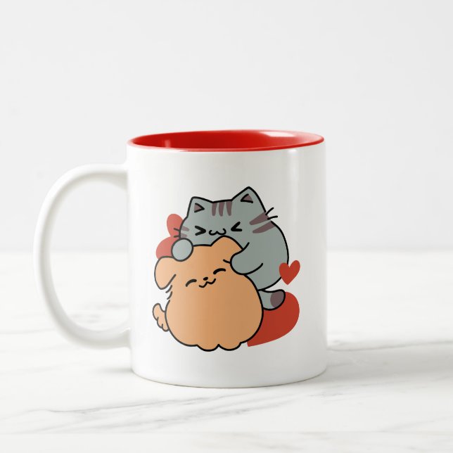 Adorable Cat and Dog Hug - Meow & Woof Design Zweifarbige Tasse (Links)