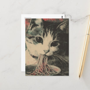 Adorable Cat Eating Noodles Postkarte