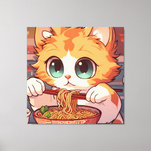 Adorable Cat Eating Ramen Leinwanddruck