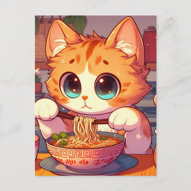 Adorable Cat Eating Ramen Noodles Postkarte (Vorderseite)