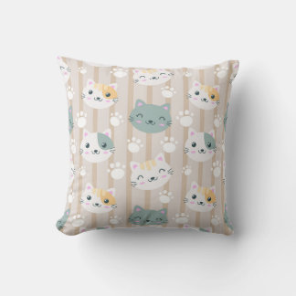 Adorable Cat Faces and Paw Prints Kissen
