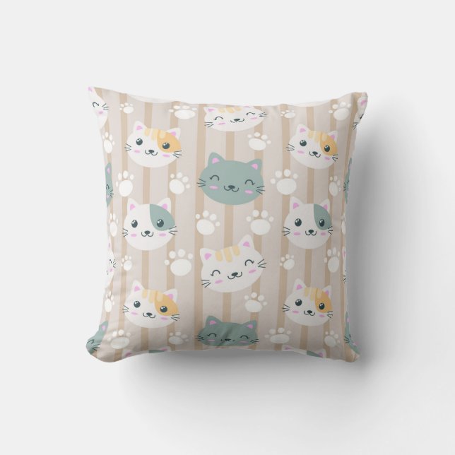Adorable Cat Faces and Paw Prints Kissen (Vorderseite)