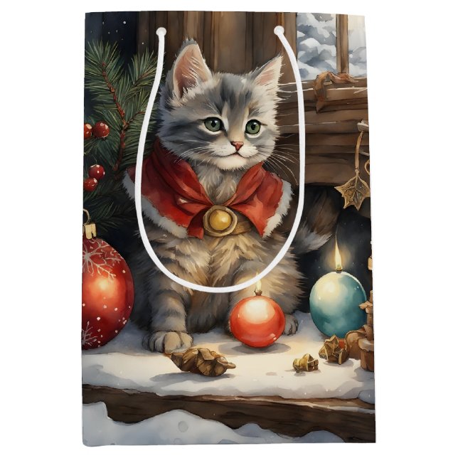Adorable Cat in Red Cape zu Weihnachten Mittlere Geschenktüte (Vorderseite)