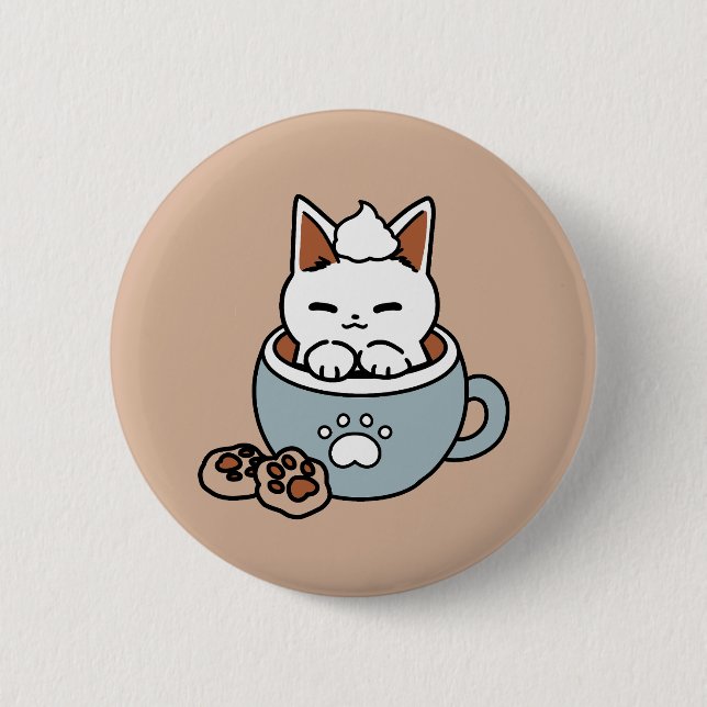 Adorable Cat in Tasse Holiday Design - Katze & Kak Button (Vorderseite)
