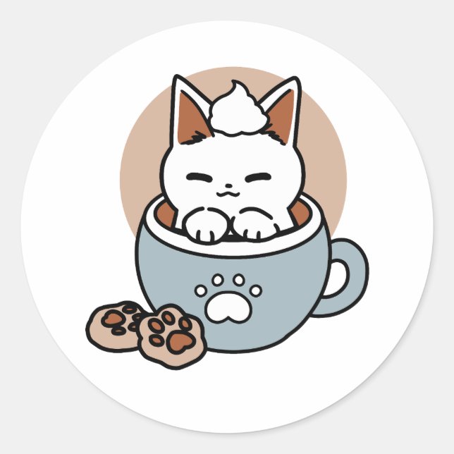 Adorable Cat in Tasse Holiday Design - Katze & Kak Runder Aufkleber (Vorderseite)