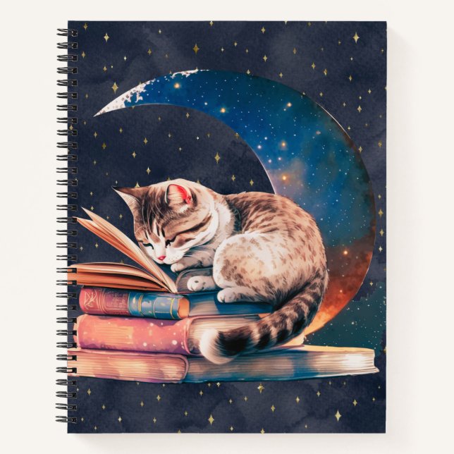 Adorable Cat on Moon Reading A Book Sketchbook Notizbuch (Vorderseite)