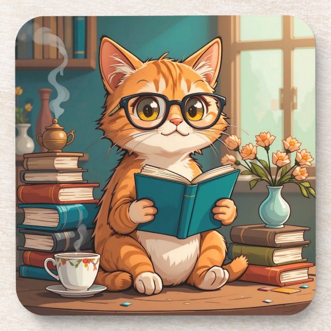 Adorable Cat Tragebrillen Lesen eines Buches Getränkeuntersetzer (Vorderseite)