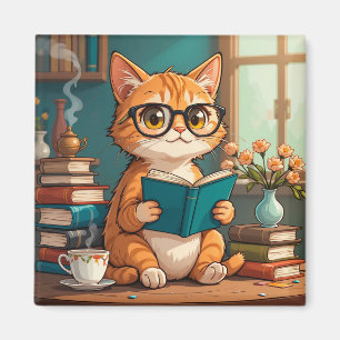 Adorable Cat Tragebrillen Lesen eines Buches Magnet