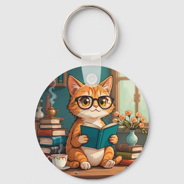 Adorable Cat Tragebrillen Lesen eines Buches Schlüsselanhänger (Vorderseite)