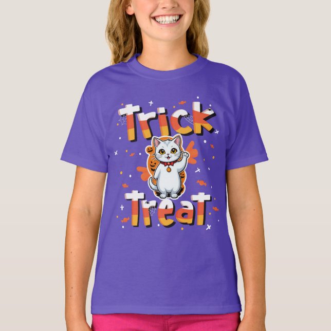 Adorable Cat Trick oder Treff Halloween T-Shirt (Vorderseite)