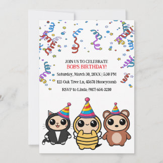 Adorable chat, abeille et ours Invitation d'annive