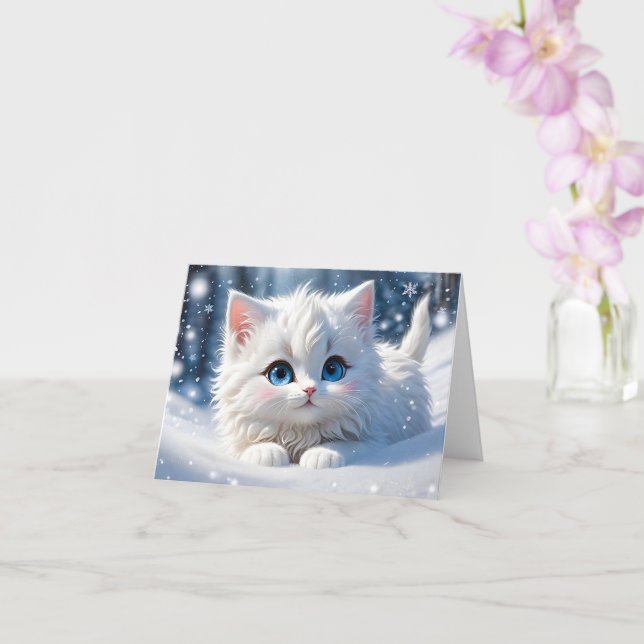 Adorable Chat Blanc Fluffy Yeux Bleus Carte de Vœu (Orchidée)