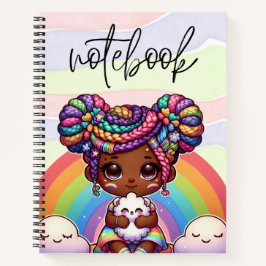 Adorable Chibi Girl mit Regenbogenbraunen Notizbuch