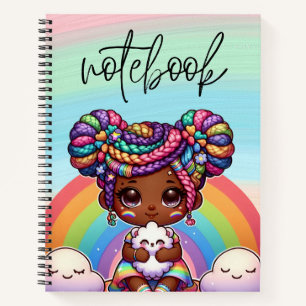 Adorable Chibi Girl mit Regenbogenbraunen Notizbuch