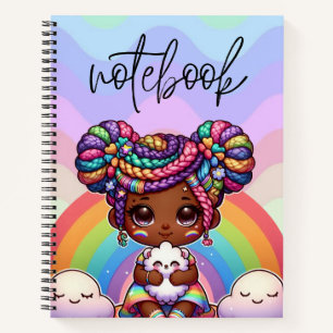 Adorable Chibi Girl mit Regenbogenbraunen Notizbuch