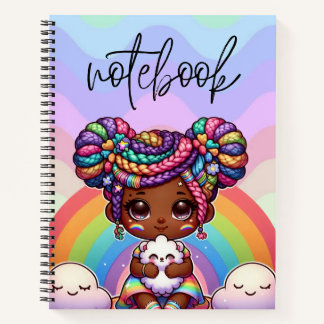 Adorable Chibi Girl mit Regenbogenbraunen Notizbuch