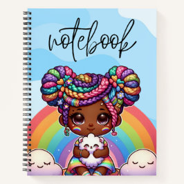 Adorable Chibi Girl mit Regenbogenbraunen Notizbuch