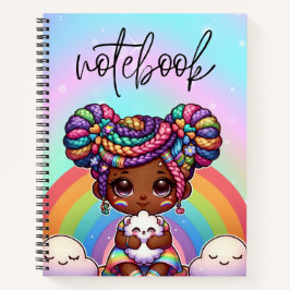 Adorable Chibi Girl mit Regenbogenbraunen Notizbuch