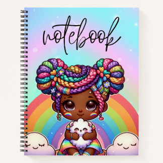Adorable Chibi Girl mit Regenbogenbraunen Notizbuch